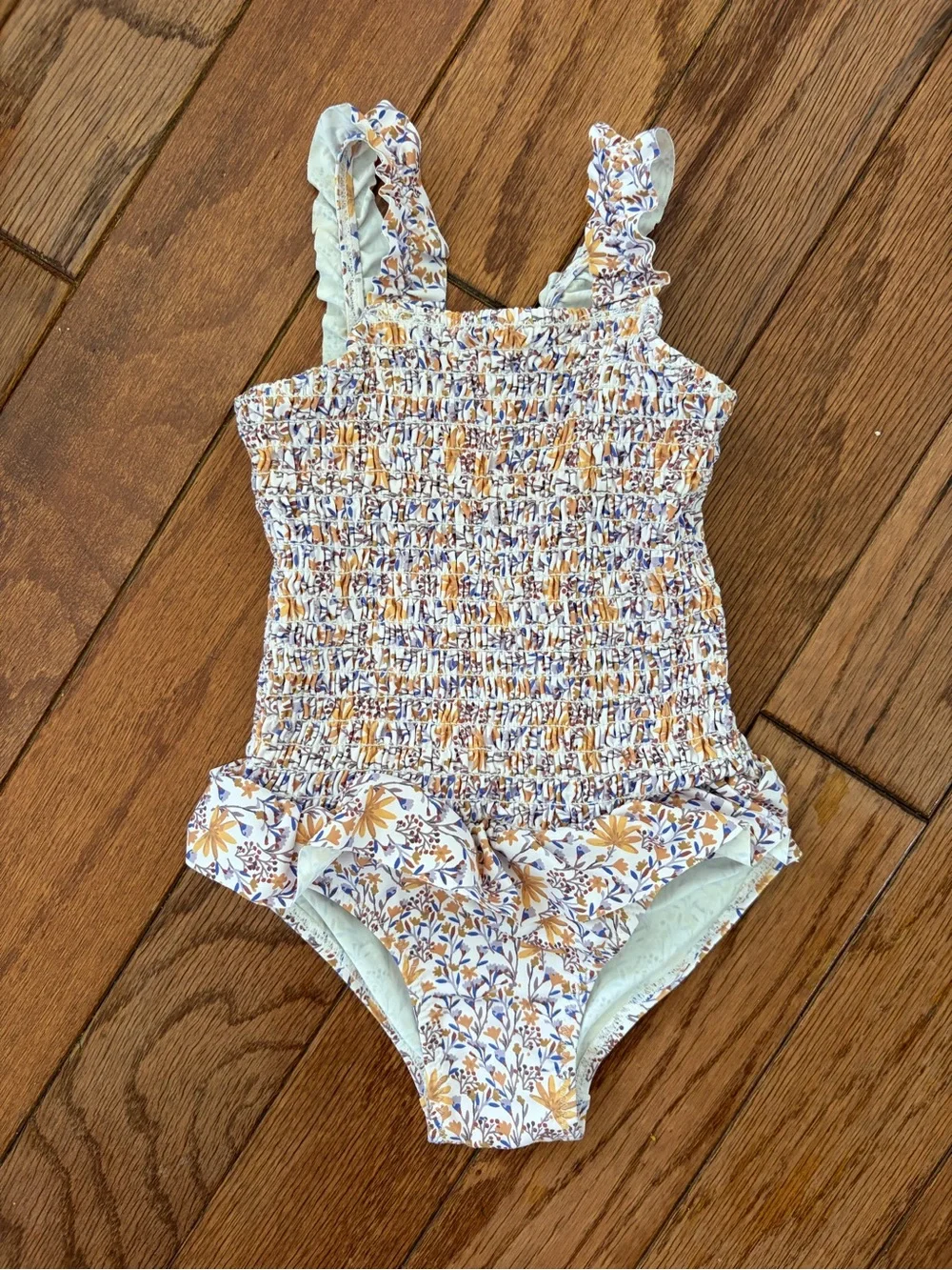 Zara Kids Floral Ruffle One-Piece Swimsuit - White & Mustard